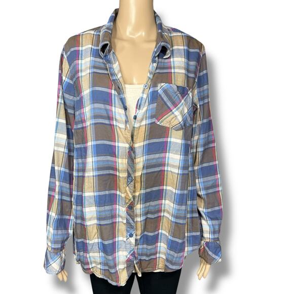 Bit & Bridle Womens Plaid Button Down Shirt Top Long Sleeve Blue Brown Large - Picture 2 of 9
